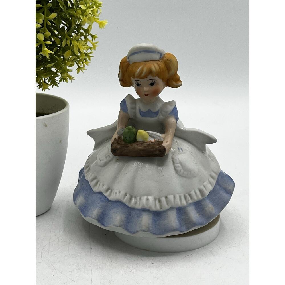Vintage Ceramic Girl Music Box Figurine Blue Dress Basket Porcelain 1960s